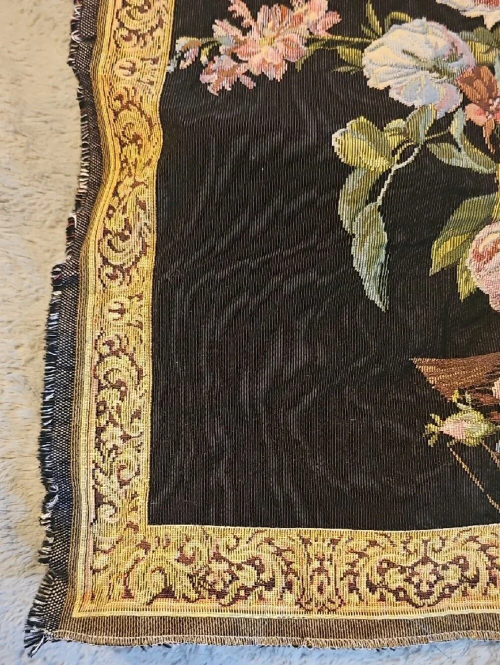 Vintage Black Tapestry Floral Basket Home Decor 70s Wall Hanging 27 X 25